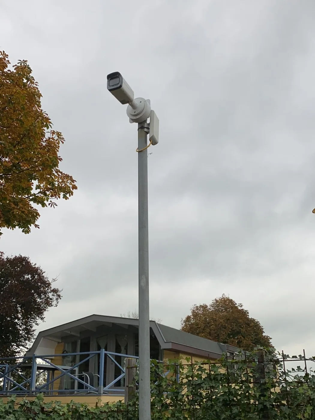Camerapaal achter een hoge haag, met zicht op de inrit