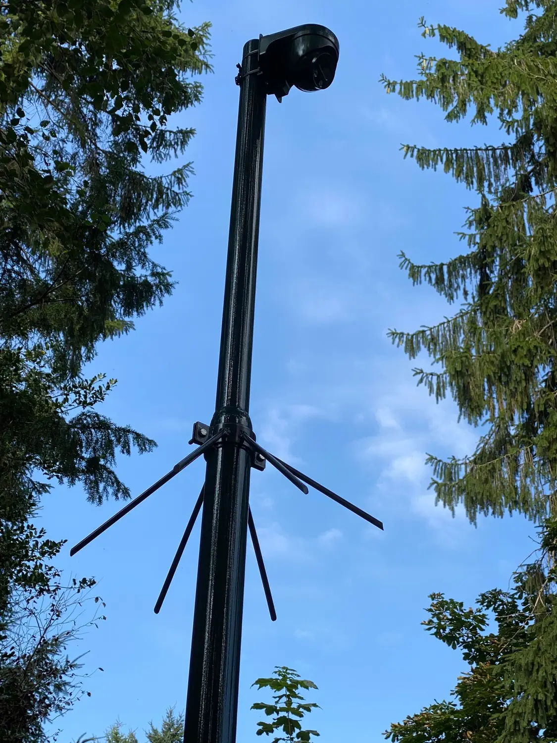 Zwarte camerapaal tussen de bomen met een draaibare camera bovenin