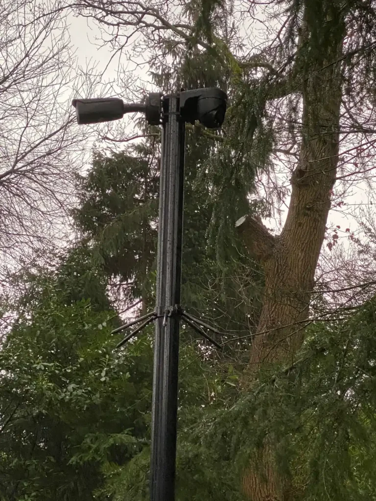 Dwarsarm op de paal met twee camera’s die net boven de boomtoppen uitkomen