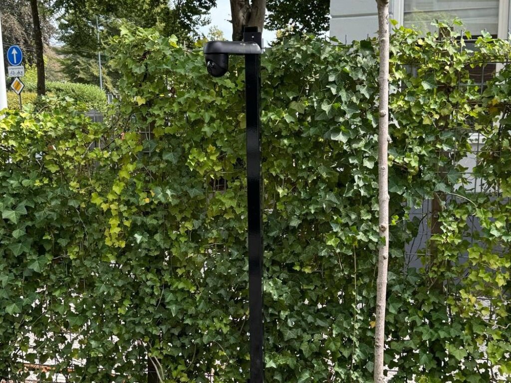 Slanke zwarte camerapaal met een camera onder een kapje in een voortuin, voor een met klimop begroeid hekwerk