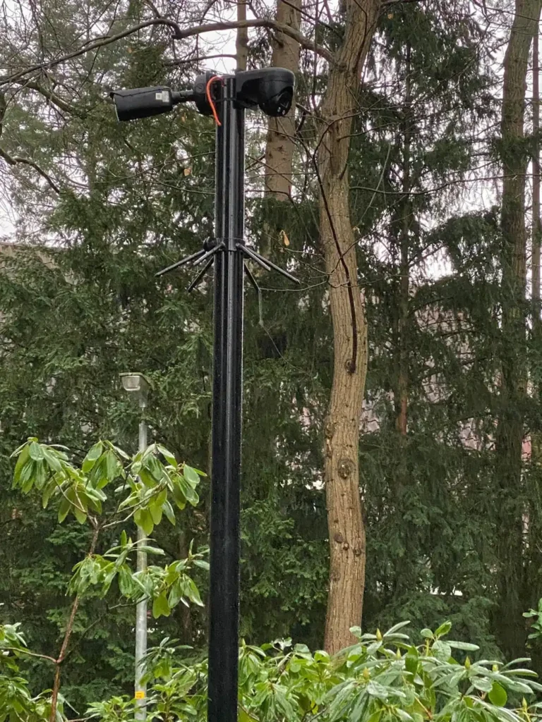 Zwarte camerapaal met twee camera’s, omgeven door bomen en struiken